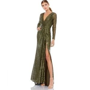 MAC DUGGAL Olive Sequined Long Sleeve Evening Gown